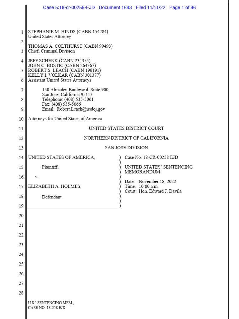 U.S. Sentencing Memo: Elizabeth Holmes | PDF | Crimes | Crime & Violence