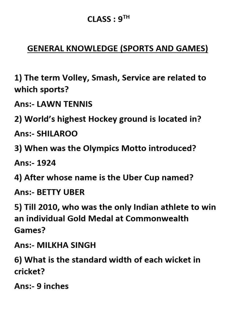 9th Grade General Knowledge: Sports Facts | PDF