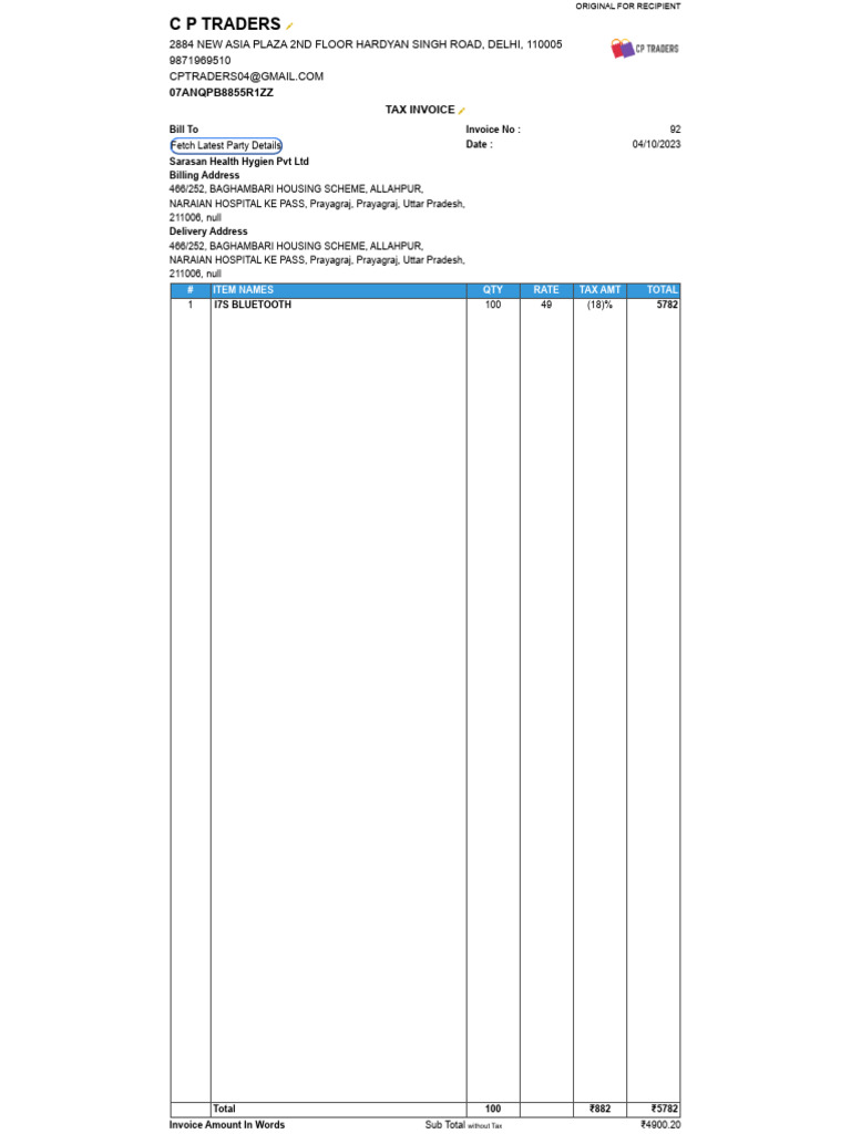HDFC Tax Invoice for Sarasan Health | PDF