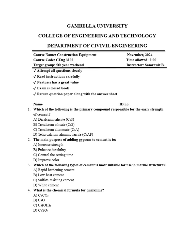 Construction Equipment Exam Questions | PDF | Cement | Lime (Material)