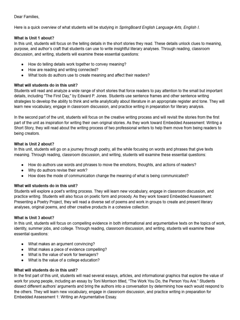 SpringBoard English I Family Letter | PDF | Poetry | Essays