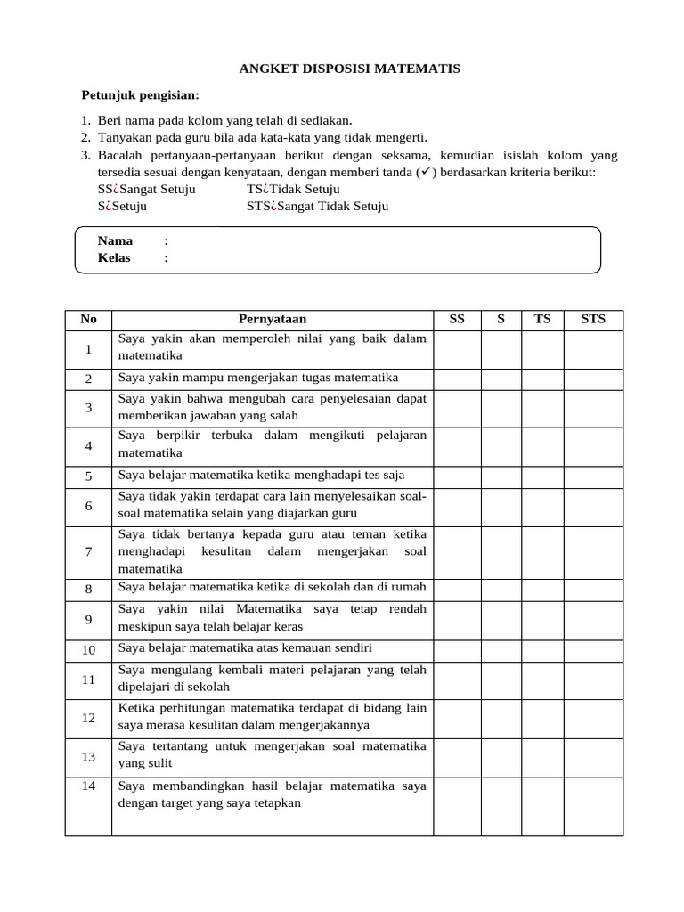 ANGKET DISPOSISI MATEMATIS | PDF