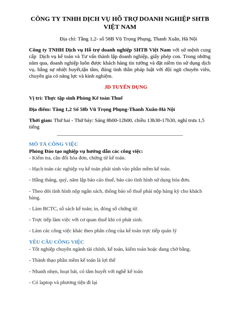 JD TTS Kế Toán - Fulltime | PDF