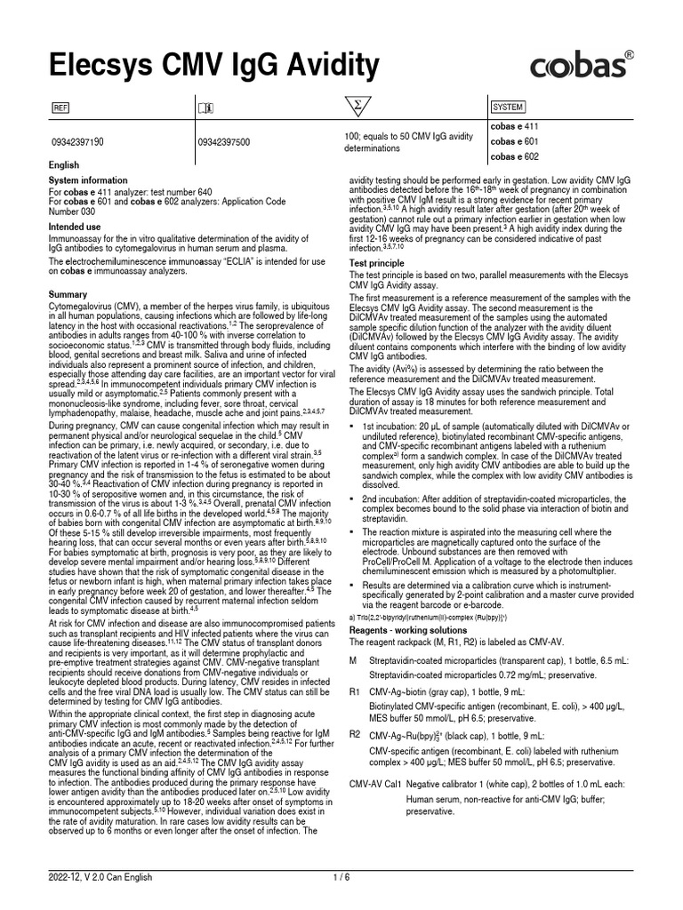 Elecsys CMV IgG Avidity Test Guide | PDF | Antibody | Immunology