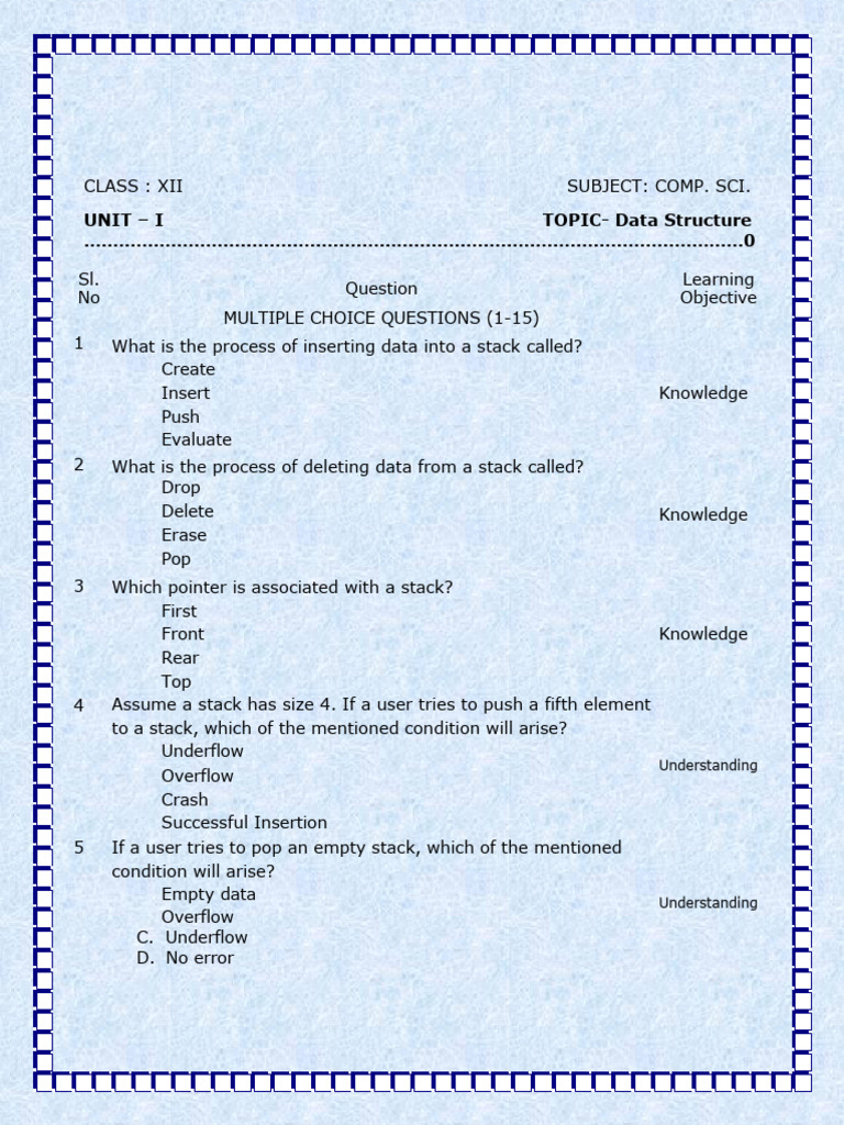 Data Structure: Stack MCQs and Concepts | PDF | Reason | Computer Science