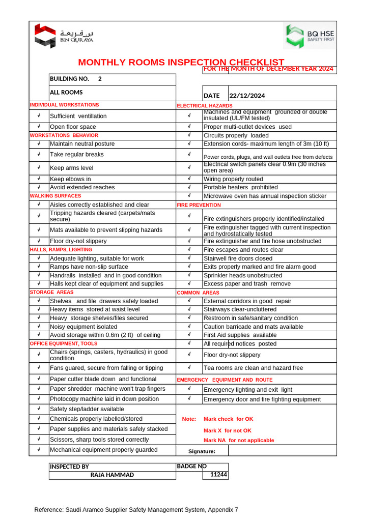 December 2024 Safety Inspection Checklist | PDF | Manufactured Goods