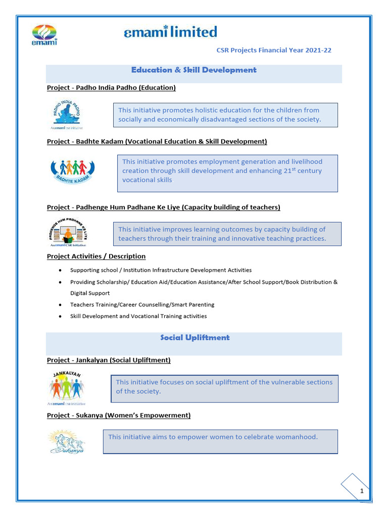 CSR Projects Overview FY 2021-22 | PDF | Corporate Social ...