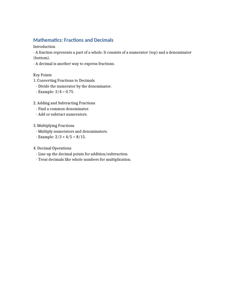 Mathematics Fractions And Decimals Pdf