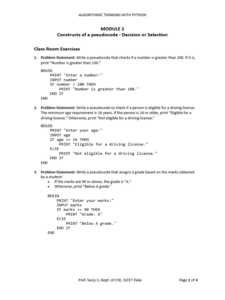 Constructs of a pseudocode - Decision or Selection Classroom Excersises ...