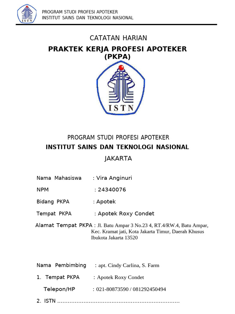Praktik Kerja Apoteker di Roxy Condet | PDF