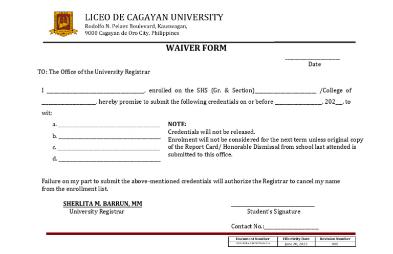 Example Waiver Form for Enrollment | PDF