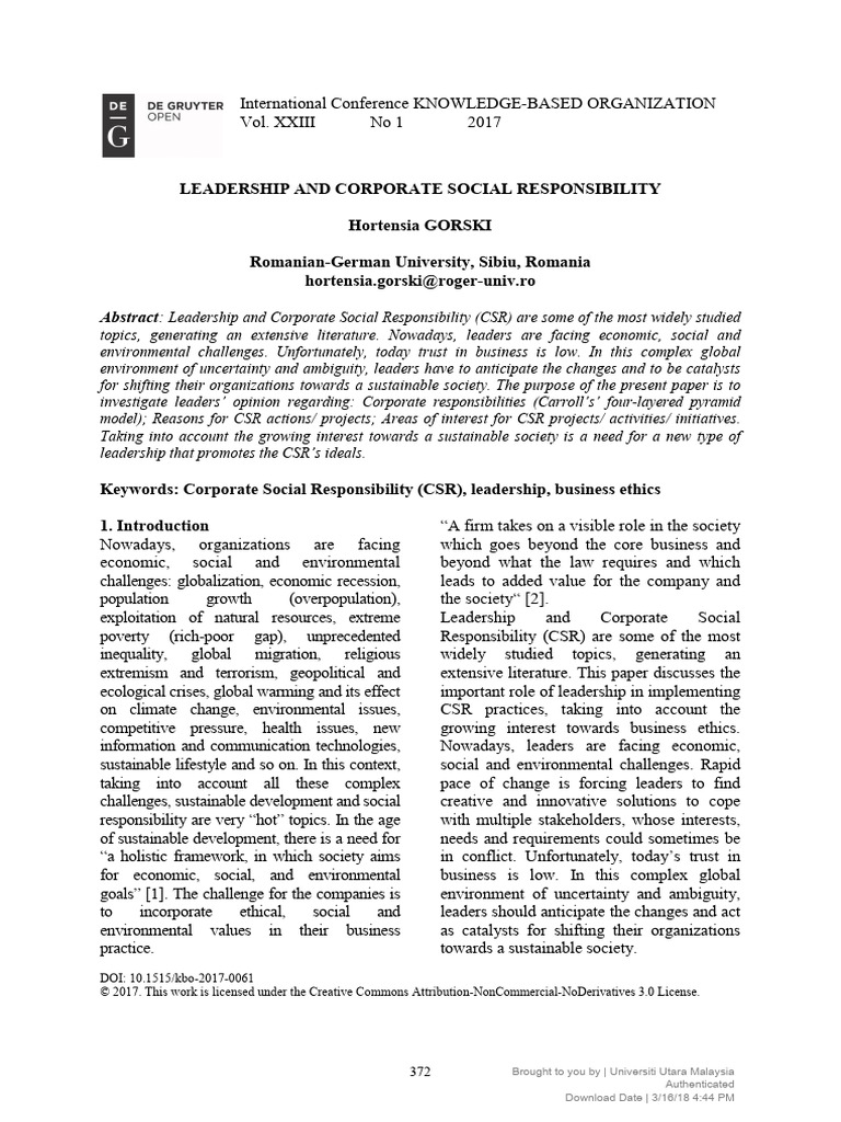 Leadership's Role in Corporate Social Responsibility | PDF | Corporate ...