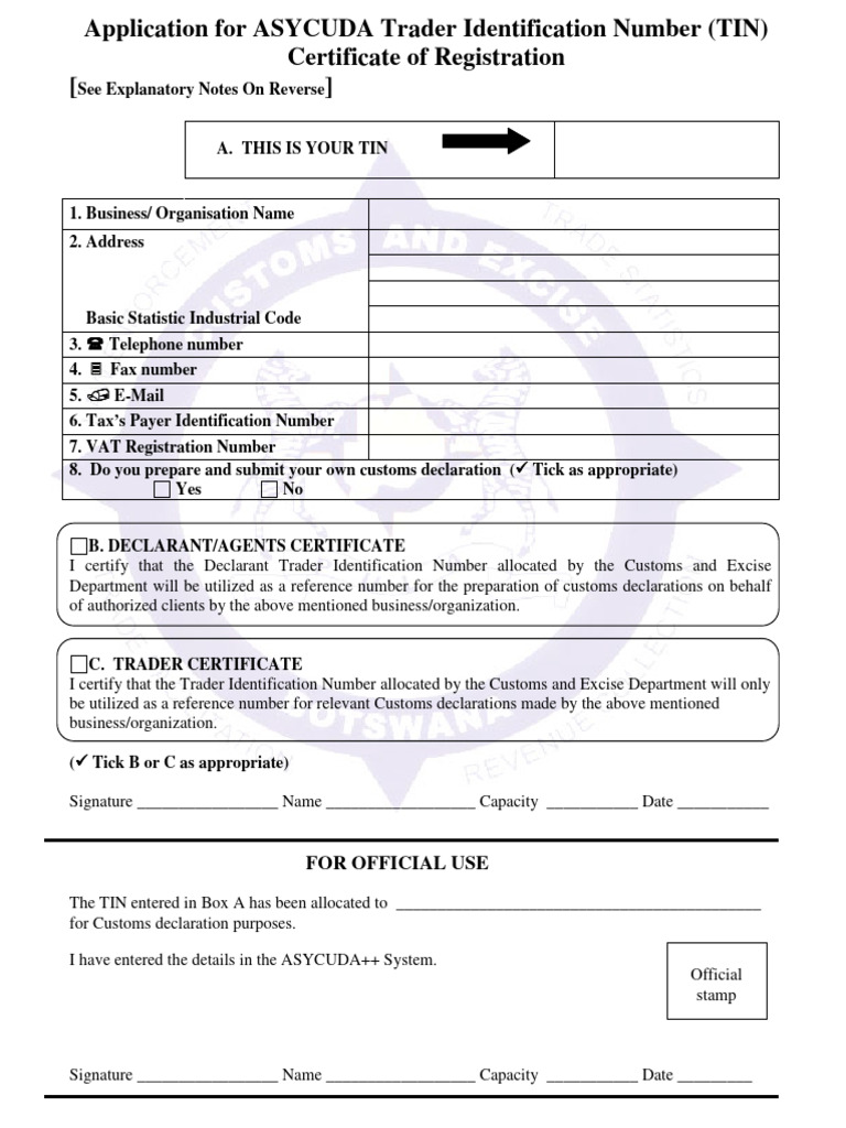 ASYCUDA Trader Identification Number Application | PDF | Customs ...