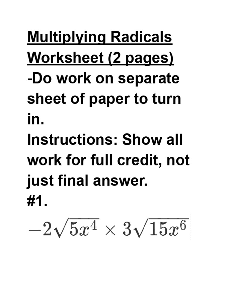 Multiplying radicals worksheet 2 pages pdf