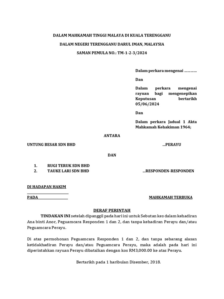 Deraf Perintah Mahkamah Tinggi | PDF