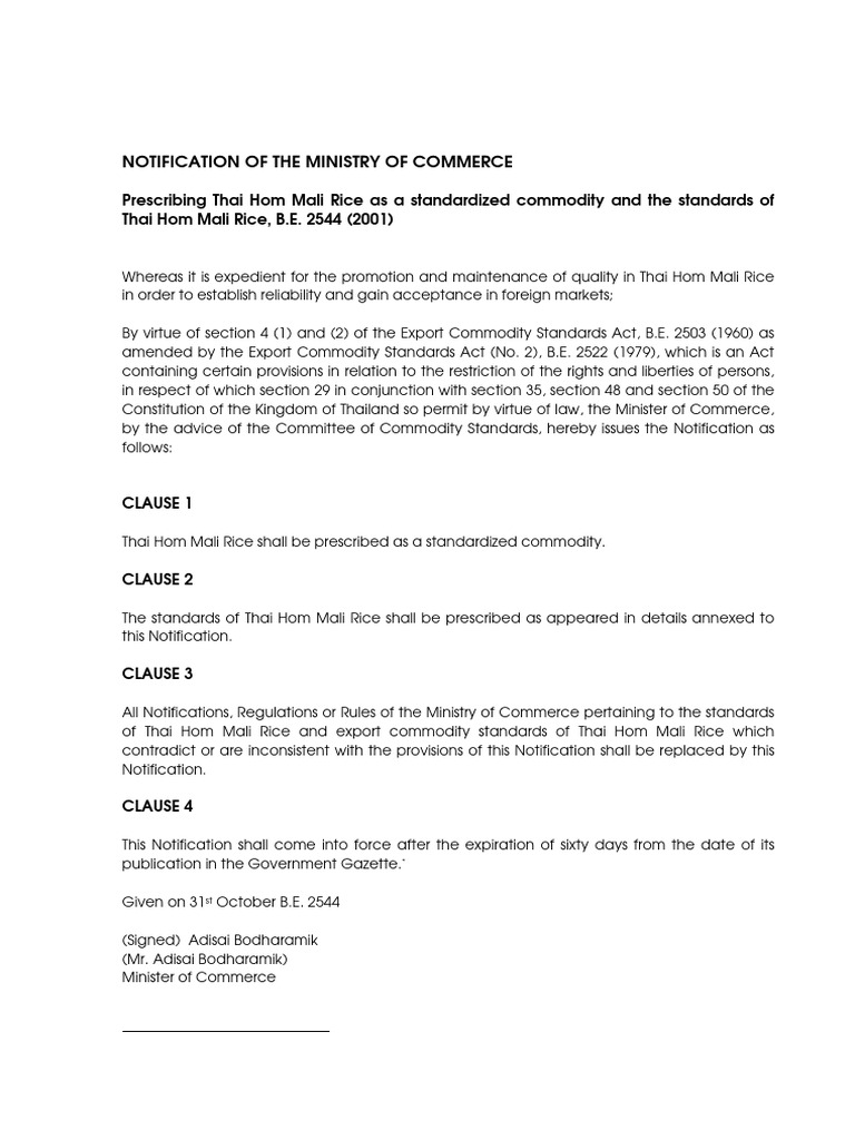 Thai Hom Mali Rice Standards Notification | PDF | Rice | Seed