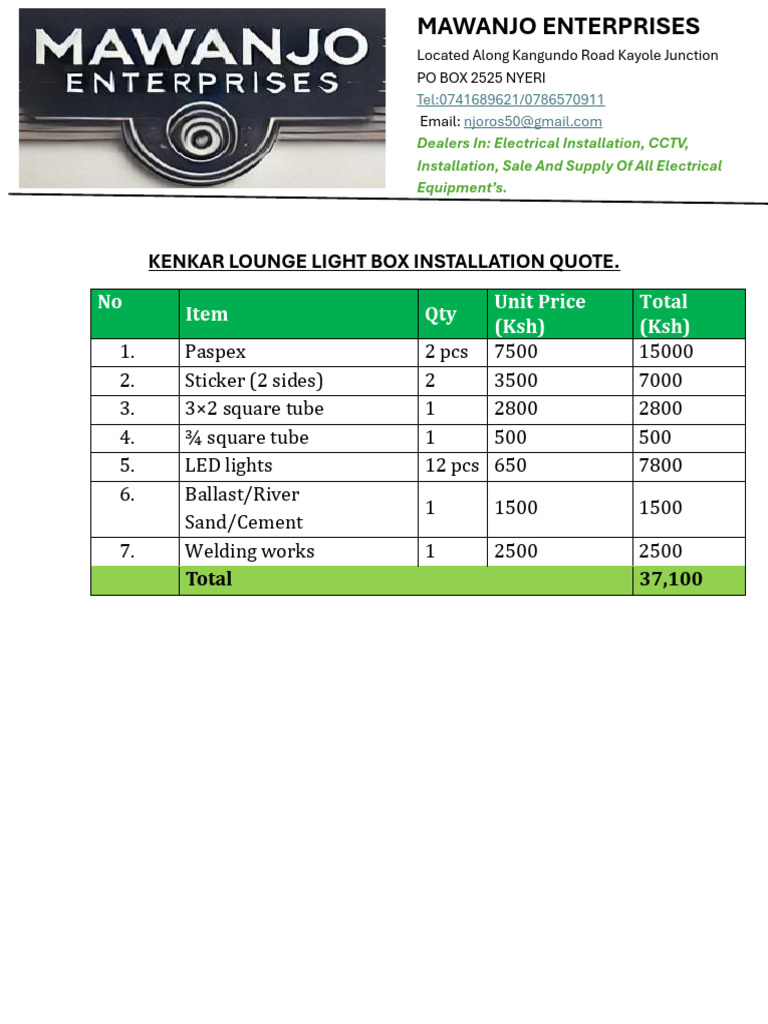 Kenkar Lounge Light Box Installation Quote | PDF