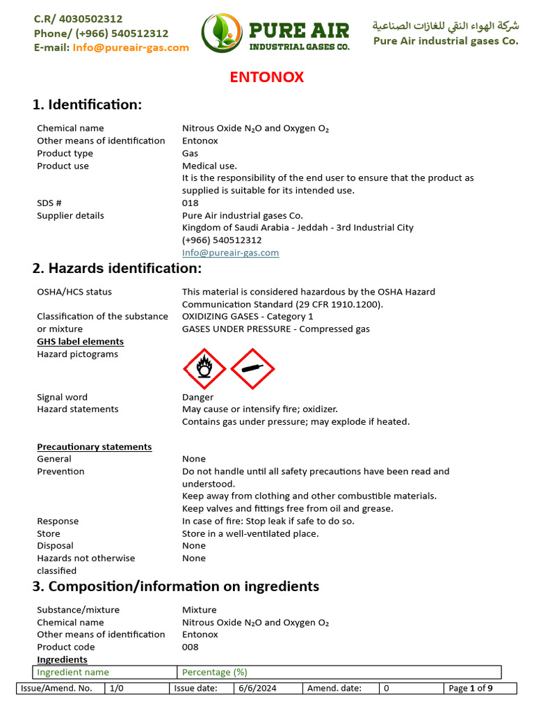 Entonox Composition and Safety Data | PDF | Combustion | Fires