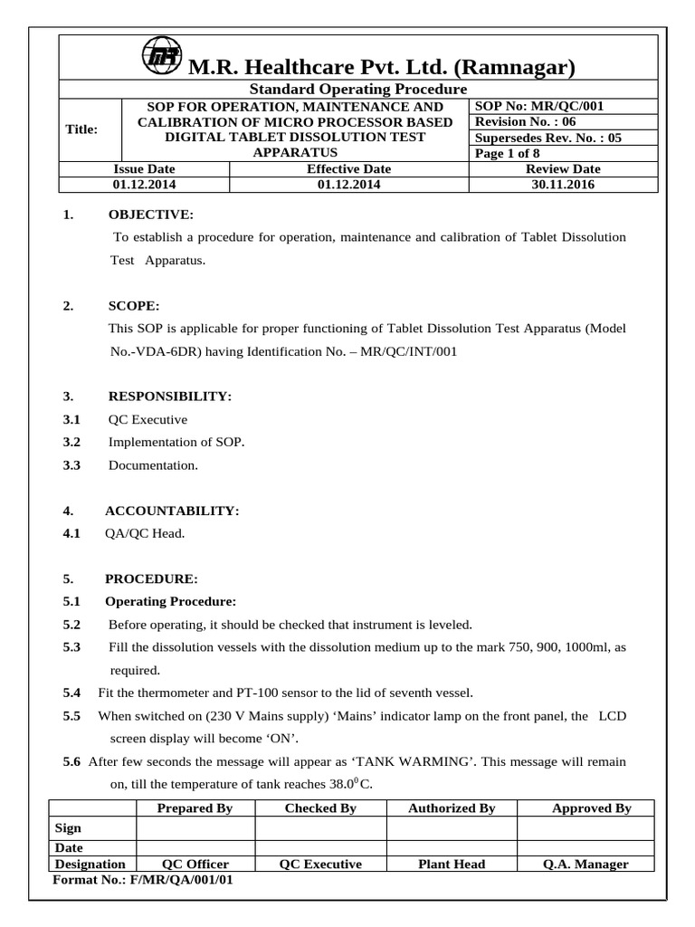 SOP for Tablet Dissolution Apparatus | PDF | Quality Assurance ...