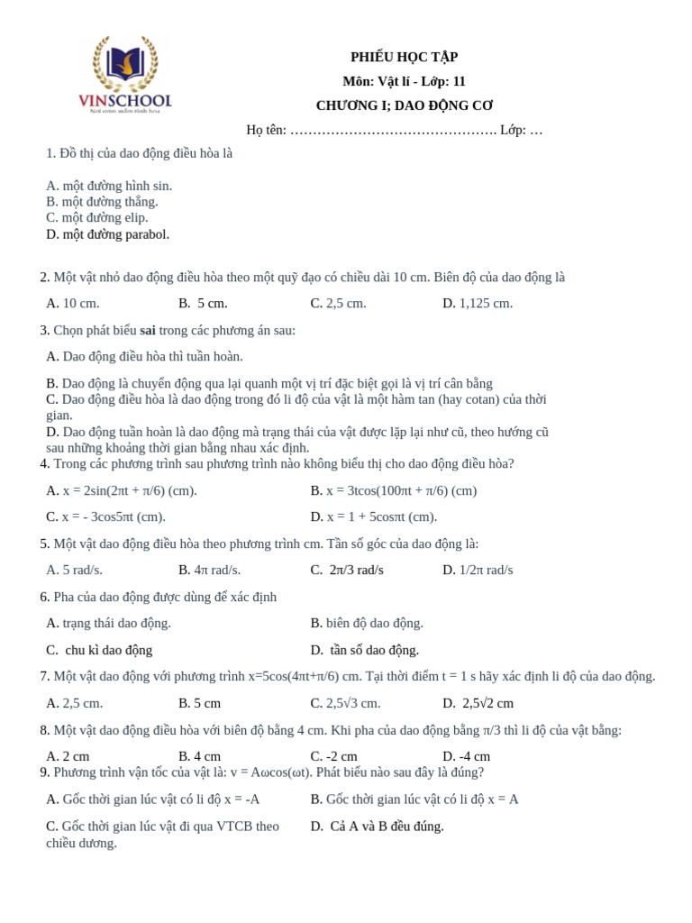 Vl11 on+Tap+Chuong+i De+1 | PDF