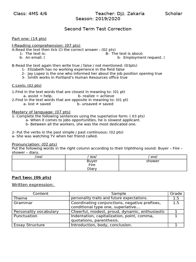 4MS 2nd Term Test 2019 Correction | PDF | Linguistic Morphology | Languages