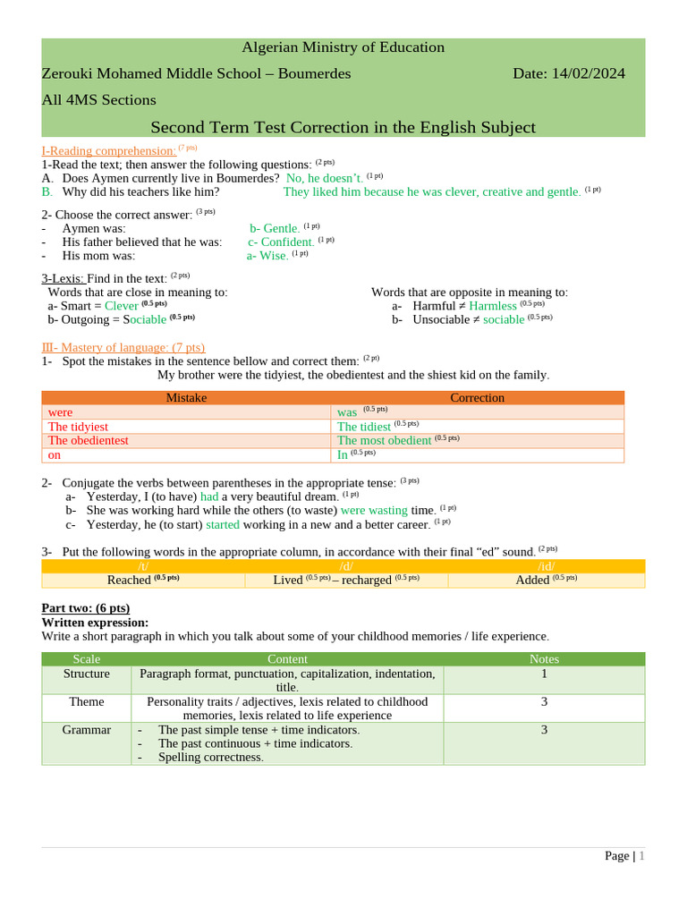 English Test Correction Guide for 4MS | PDF | Paragraph | Linguistic ...