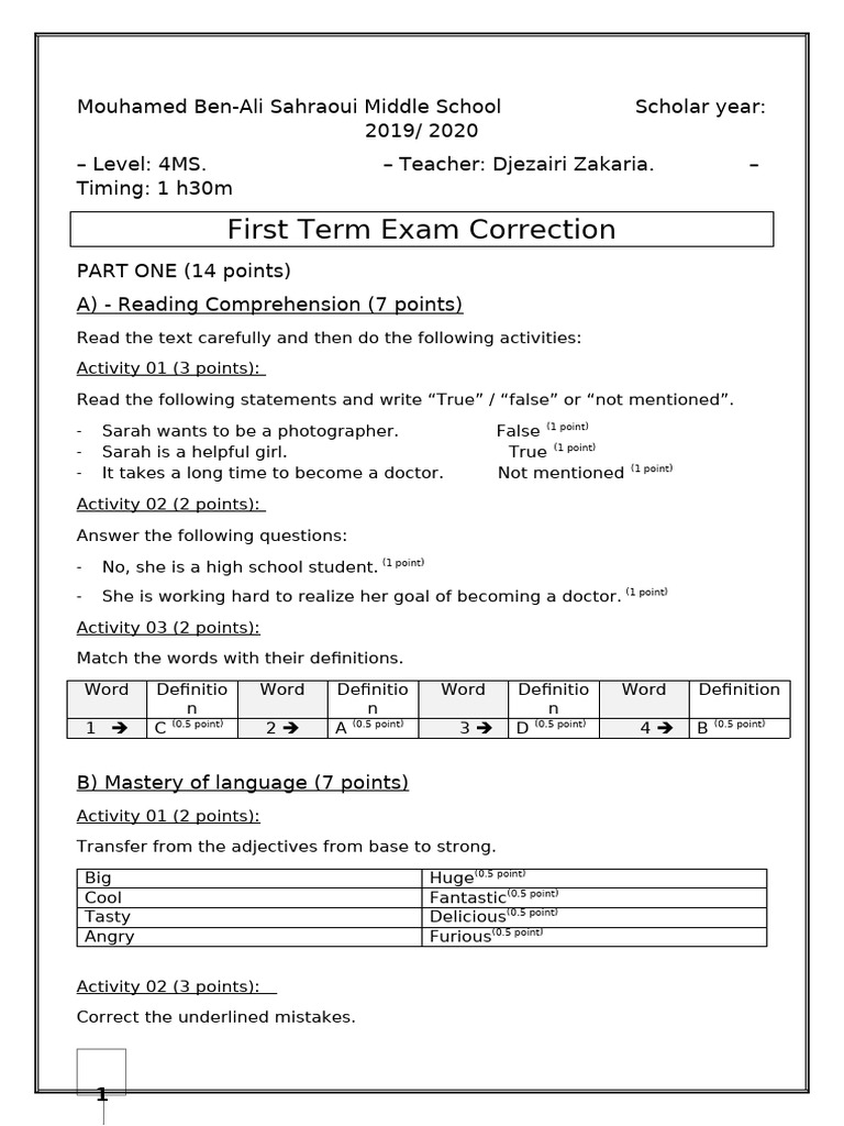 4MS First Term Exam Correction Guide | PDF | Grammar | Linguistics