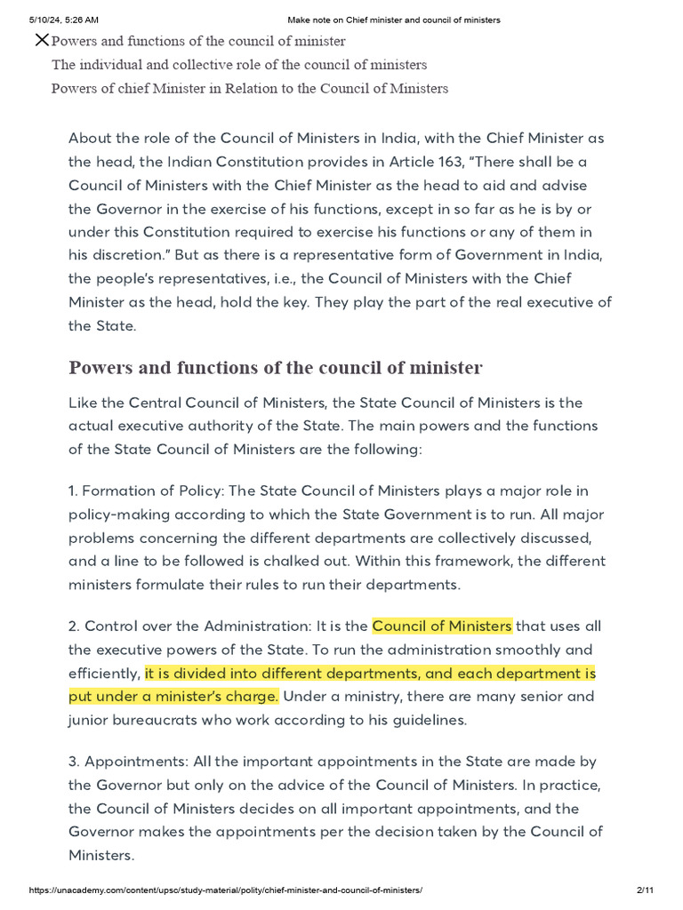 Note On Chief Minister and Council of Ministers | PDF | Cabinet ...