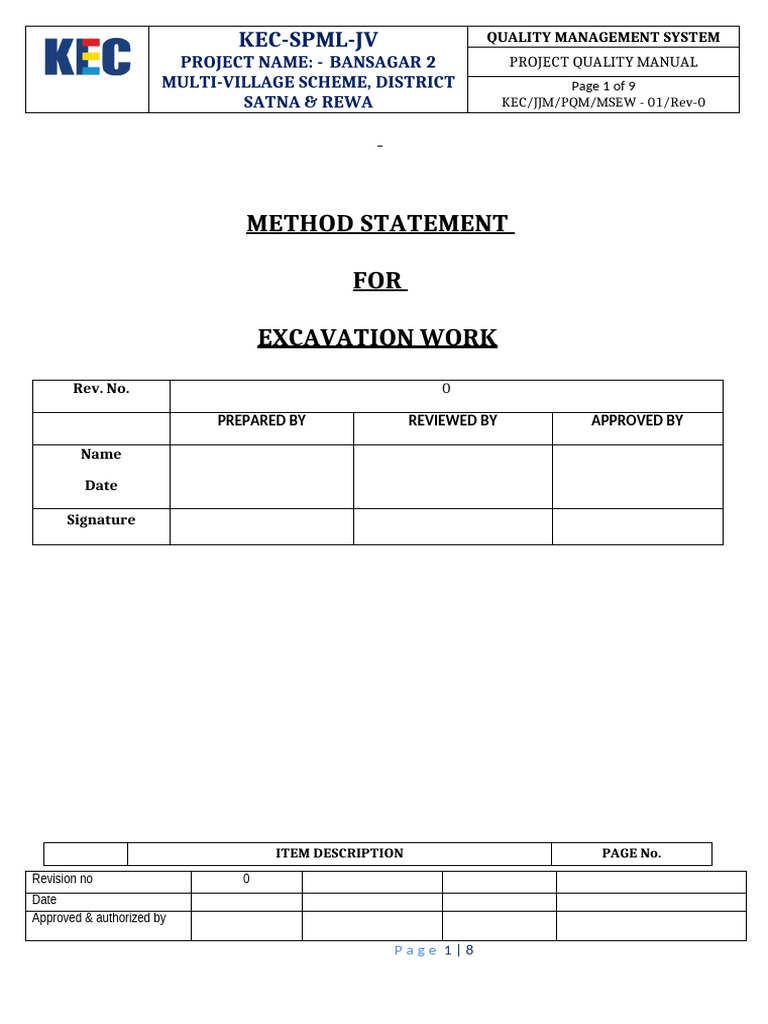 Excavation Method Statement for Bansagar 2 | PDF | Quality Assurance