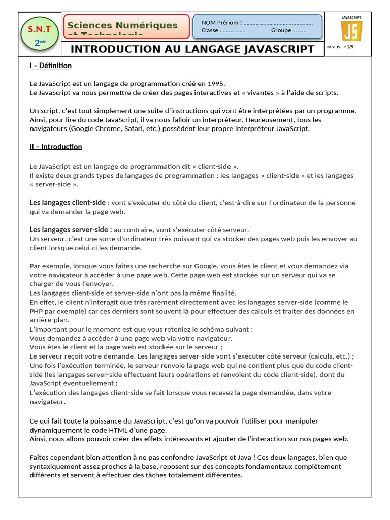 Introduction au langage JavaScript | PDF | Langage de programmation ...