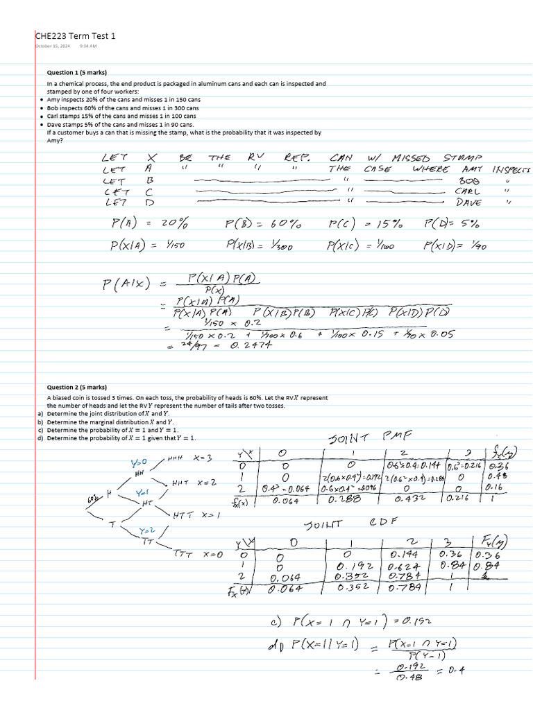 CHE223 Term Test 1 - Solutions | PDF