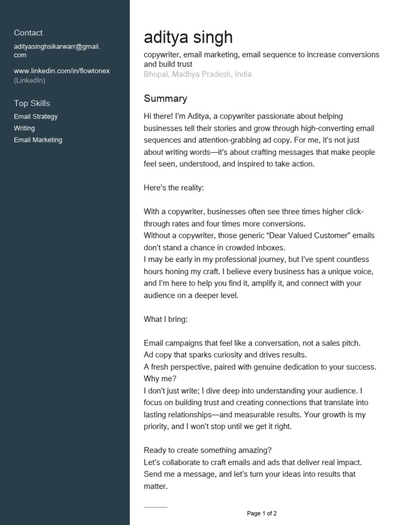 Email Marketing Copywriter Profile | PDF | Copywriting | Human ...