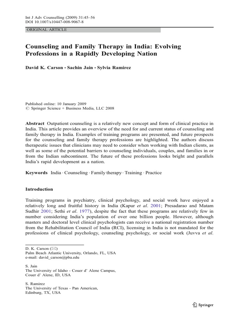 Counseling and family therapy in india evolving professions in a