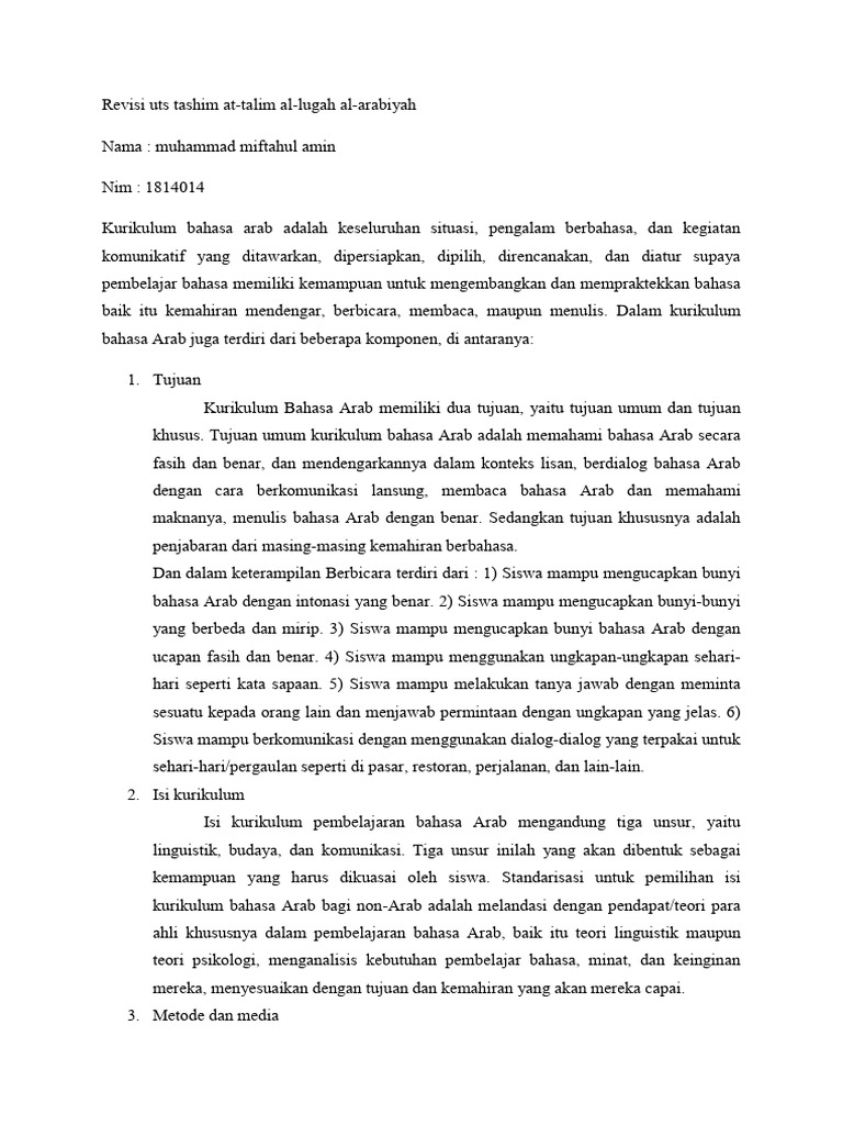 Revisi Kurikulum Bahasa Arab Tashim | PDF