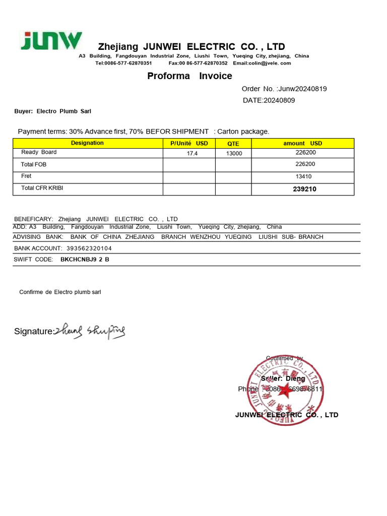 Proforma Invoice for Electro Plumb Sarl | PDF