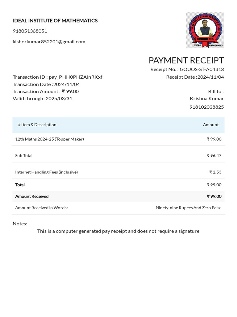Payment Receipt for 12th Maths Course | PDF