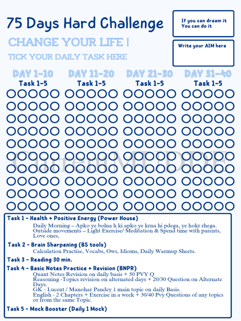 75 Days Hard Challenge Calendar | PDF