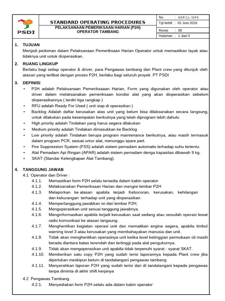 Prosedur P2H untuk Operator Tambang | PDF