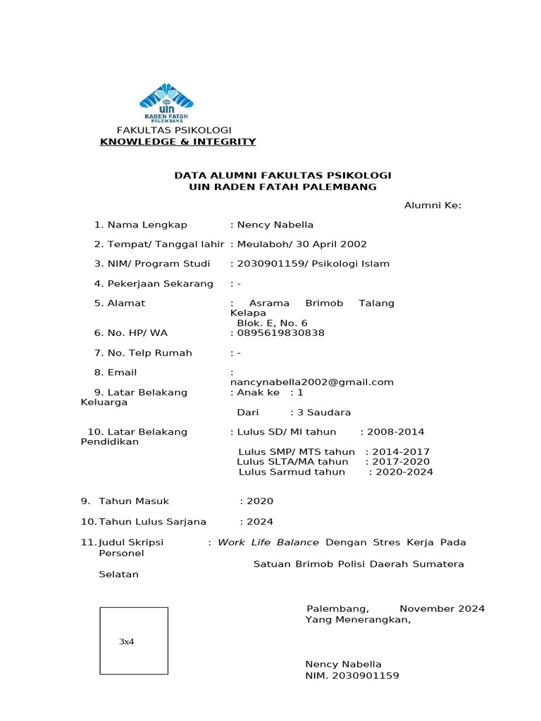 Data Alumni Psikologi UIN Raden Fatah | PDF