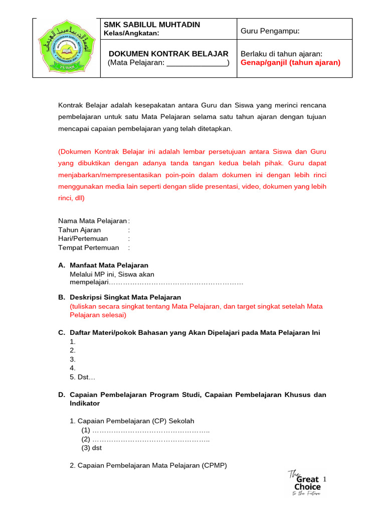 Template - Kontrak Belajar | PDF