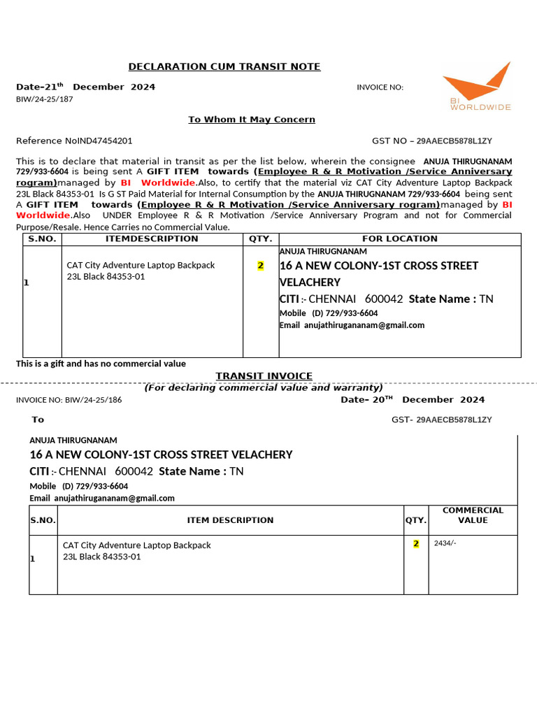 Gift Declaration and Transit Note | PDF
