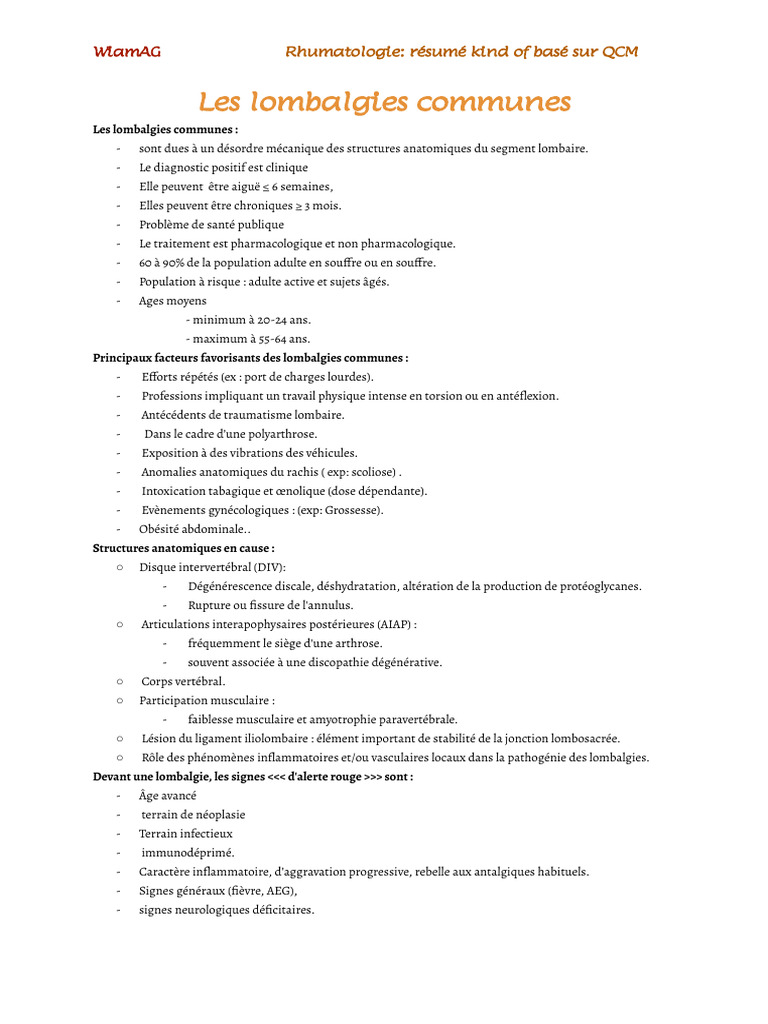 Rhumatologie - Résumé Kind of Basé Sur QCM | PDF | Lombalgie | Appareil ...