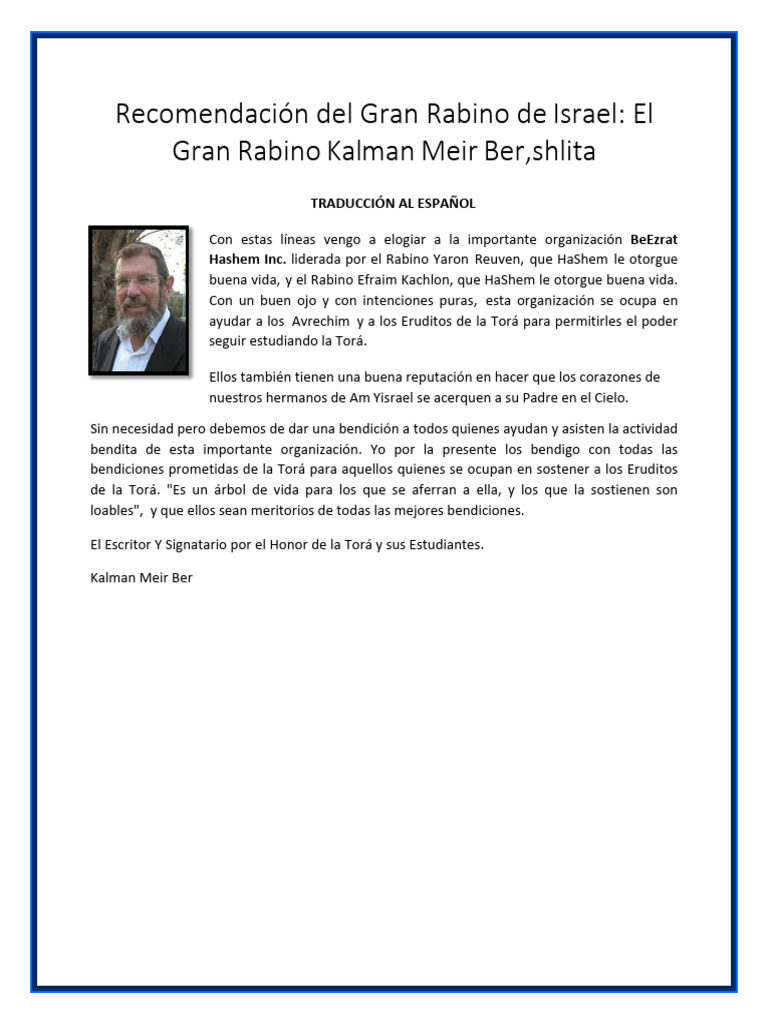 Recommendation From Chief Rabbi Kalman Meir Ber (Netanya) SPANISH ...