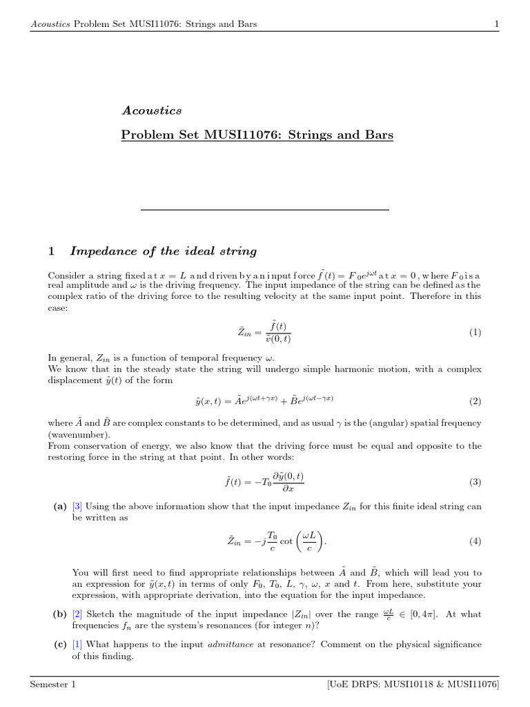 Acoustics Problem Set: Strings & Bars | PDF | Wavenumber | Waves