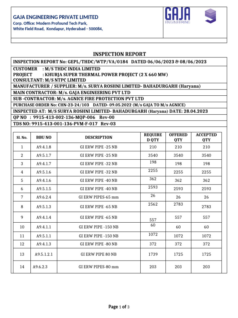 Khurja Power Project Pipe Inspection Report | PDF | Materials Science ...