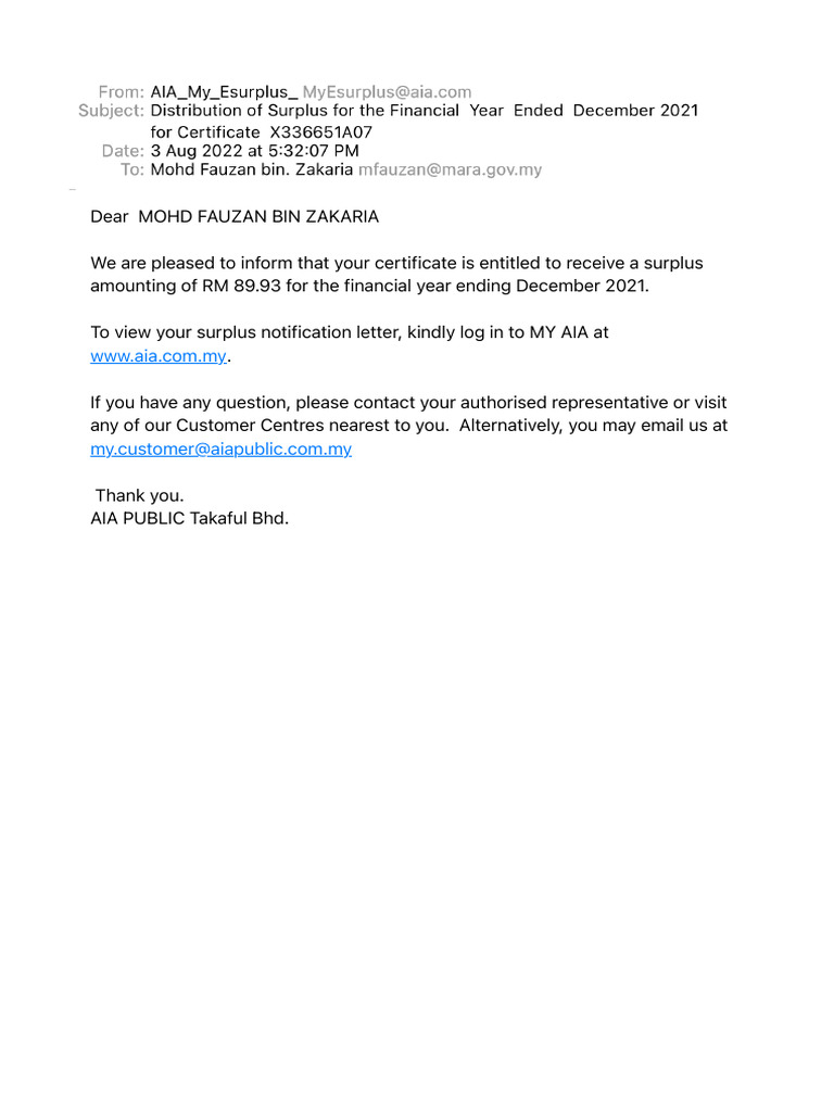 Surplus Notification for MOHD FAUZAN | PDF