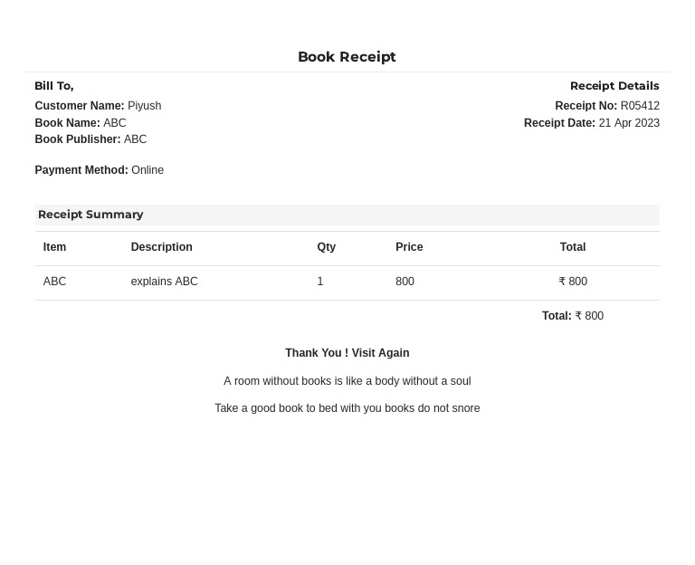 Book Invoice Receipt for Piyush | PDF