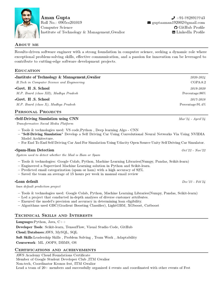 Software Engineer Resume: Aman Gupta | PDF | Machine Learning | Python ...