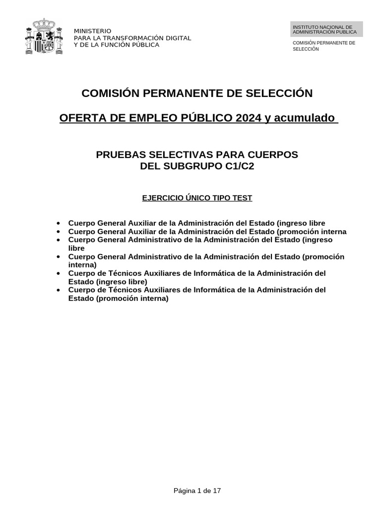 Oferta Empleo Público 2024: Exámenes C1/C2 | PDF | Documento de identidad