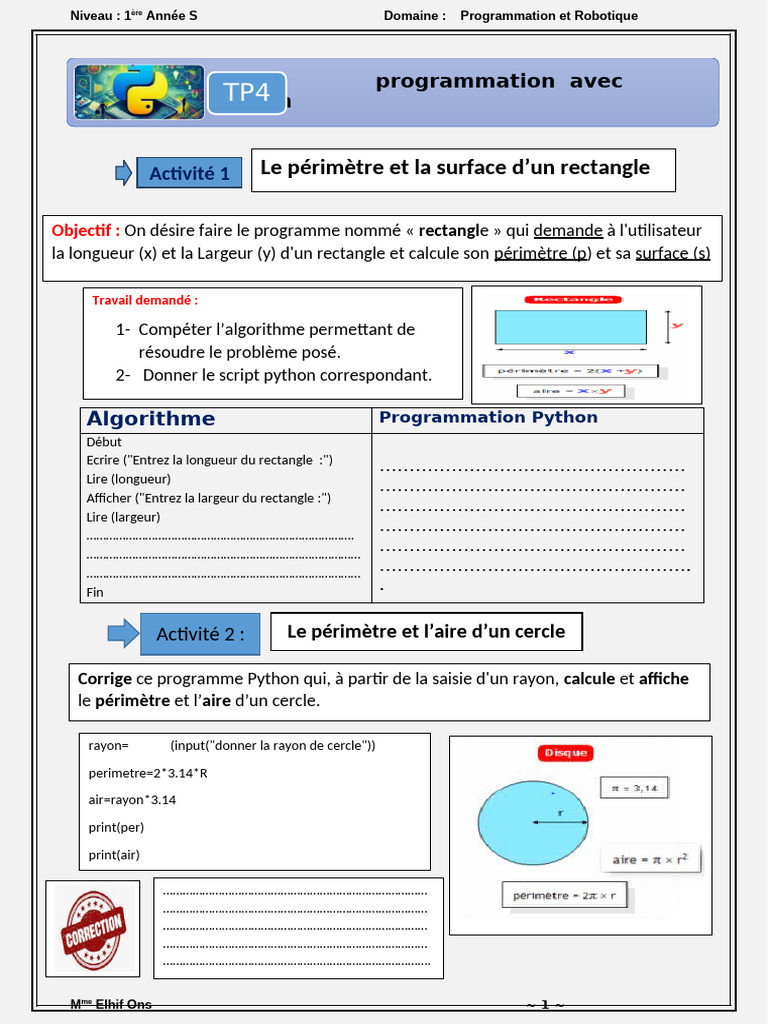 Algorithmes Python : Rectangle et Division | PDF | Zone | Programmation ...
